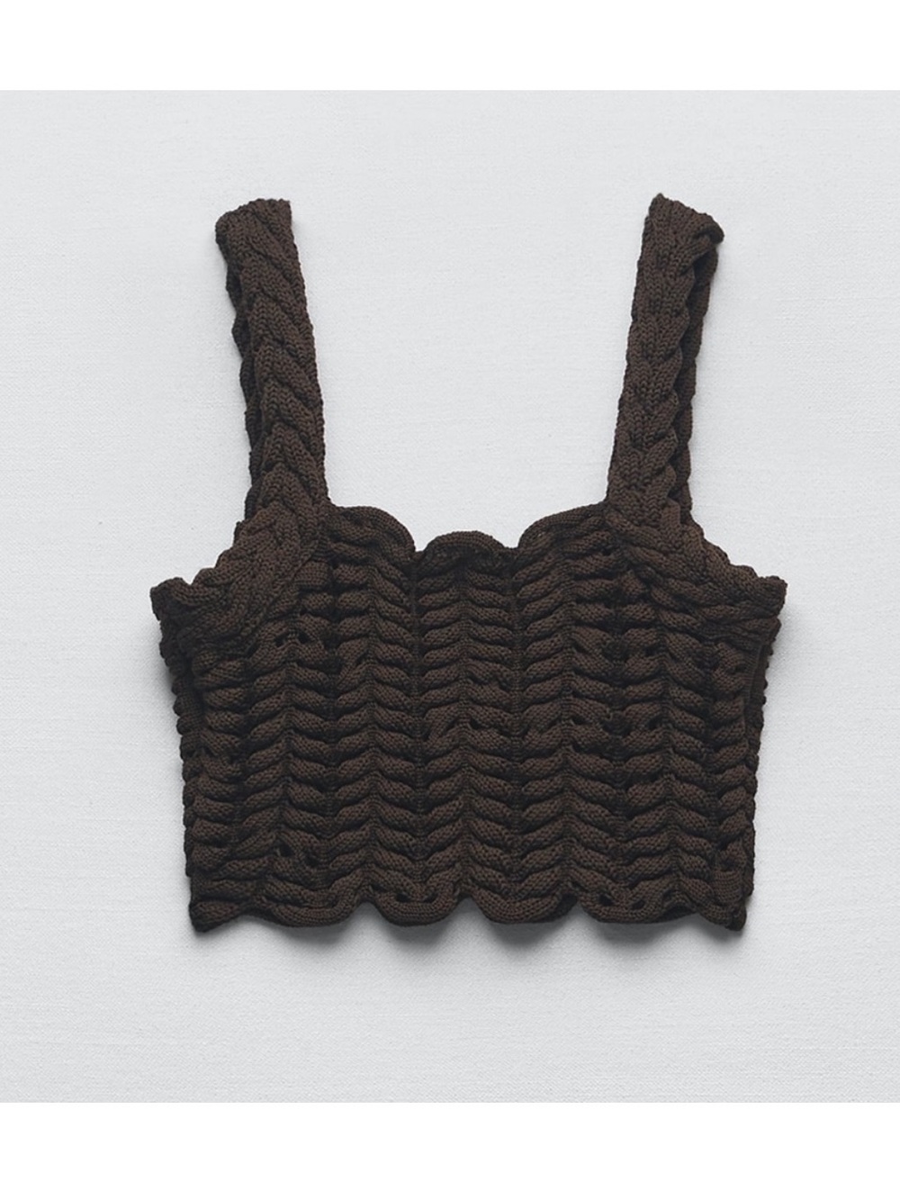 ZARA TEXTURED CABLE-KNIT CROP TOP DARK BROWN